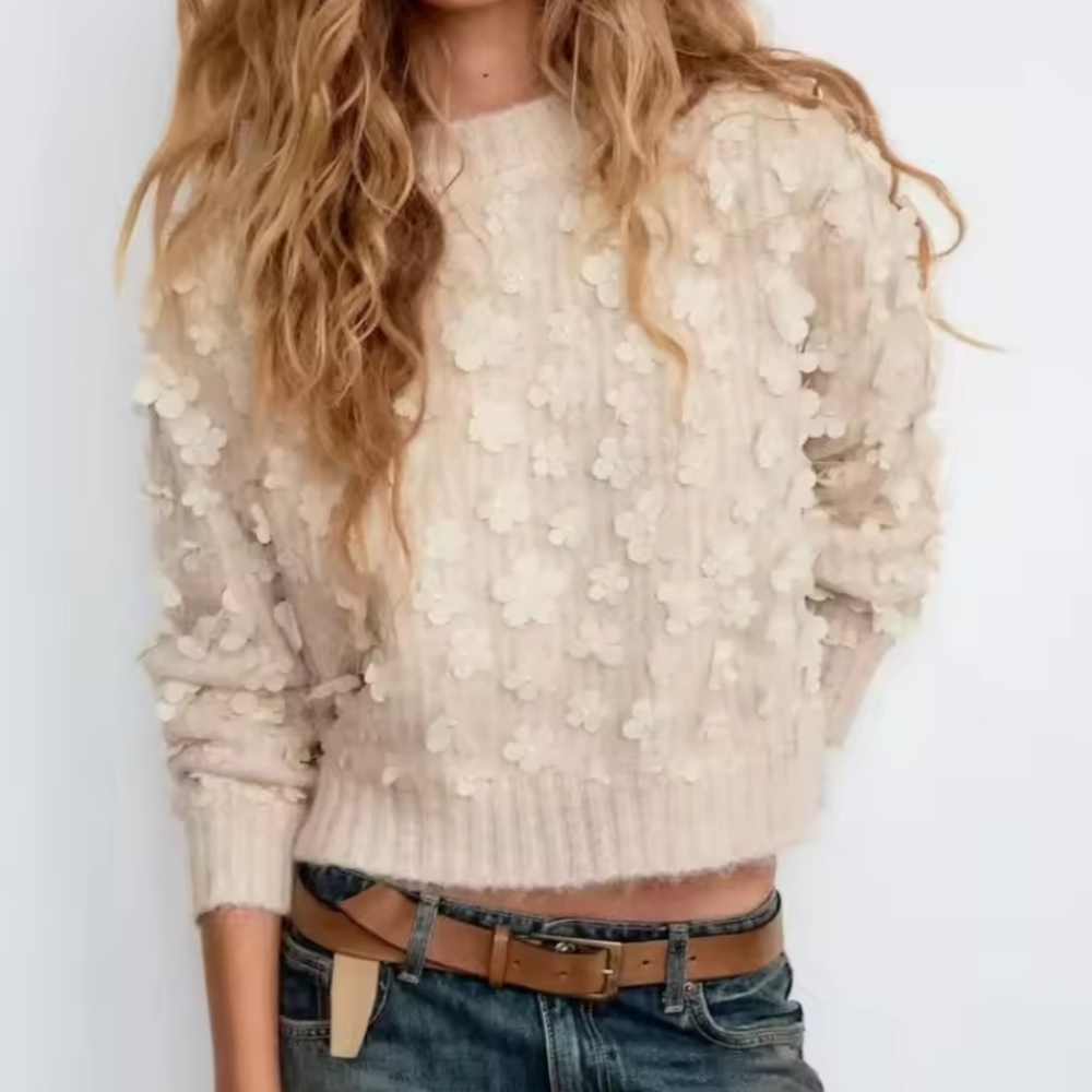 Flower decoration sweet fashion all-match round neck pullover sweater - Picture 10 of 10